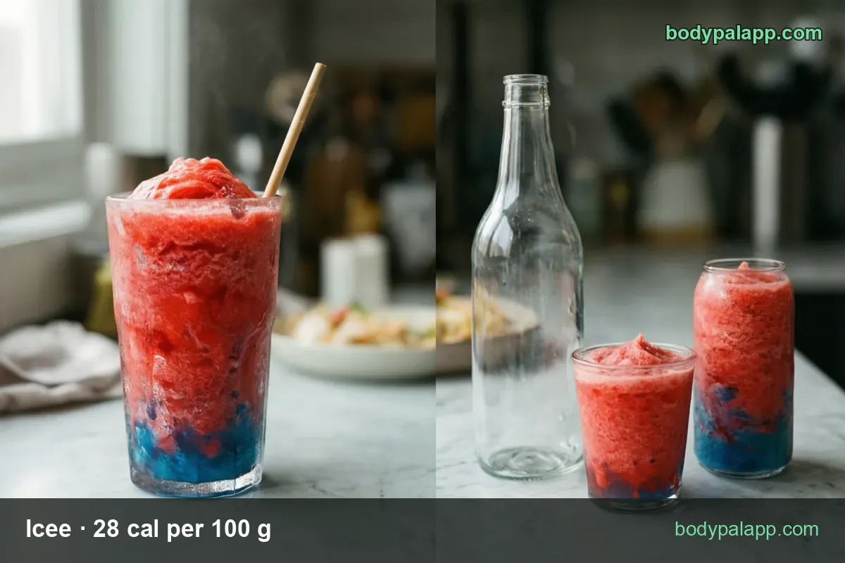 Tall cup of red slush with blue bottom and a straw beside an empty bottle and a small cup; chips read 1 medium 660 g 185 cal and 1 small 360 g 101 cal