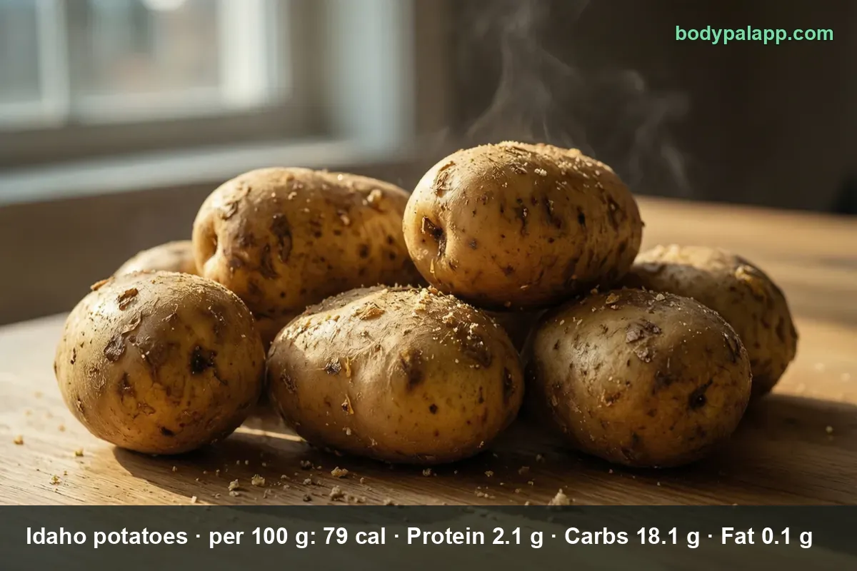 Pile of six whole raw russet Idaho potatoes with soil on the skin on a wooden table, steam rising