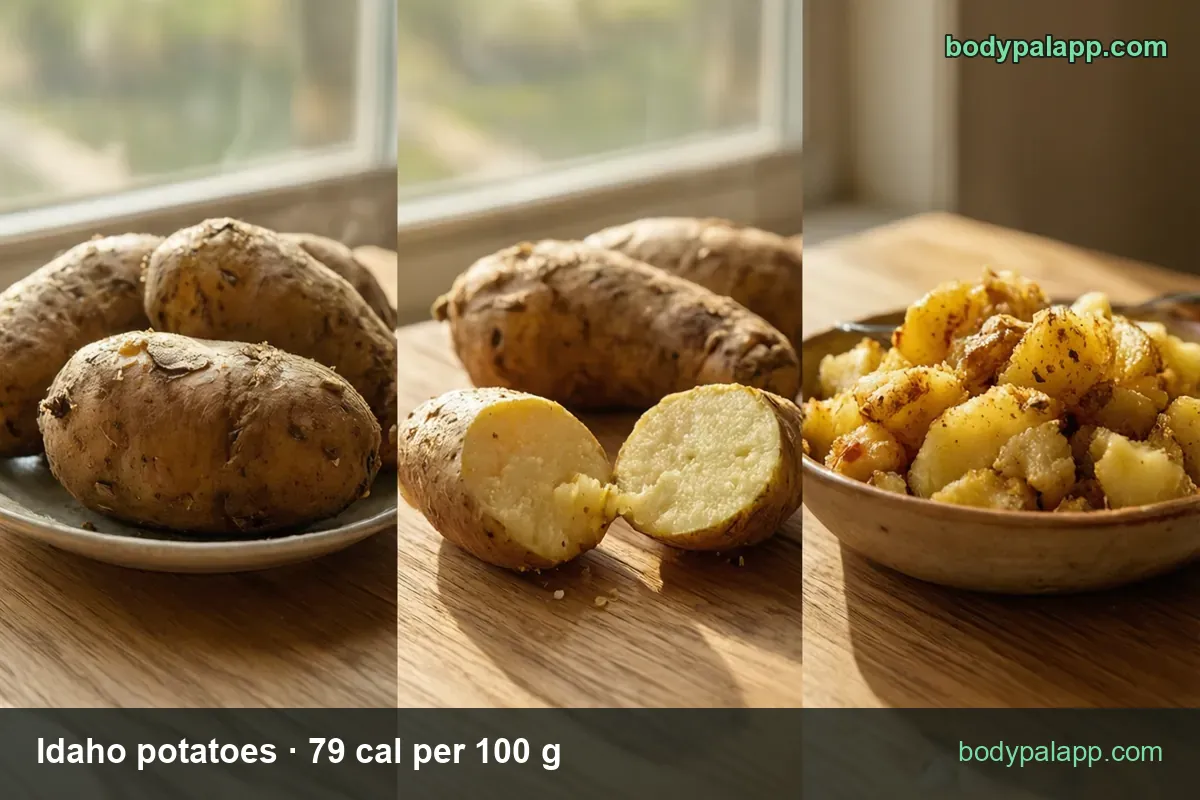 Idaho potatoes: three whole, one halved with pale yellow flesh, a bowl of roasted cubes; 1 medium 117 cal, 3 potatoes 351 cal