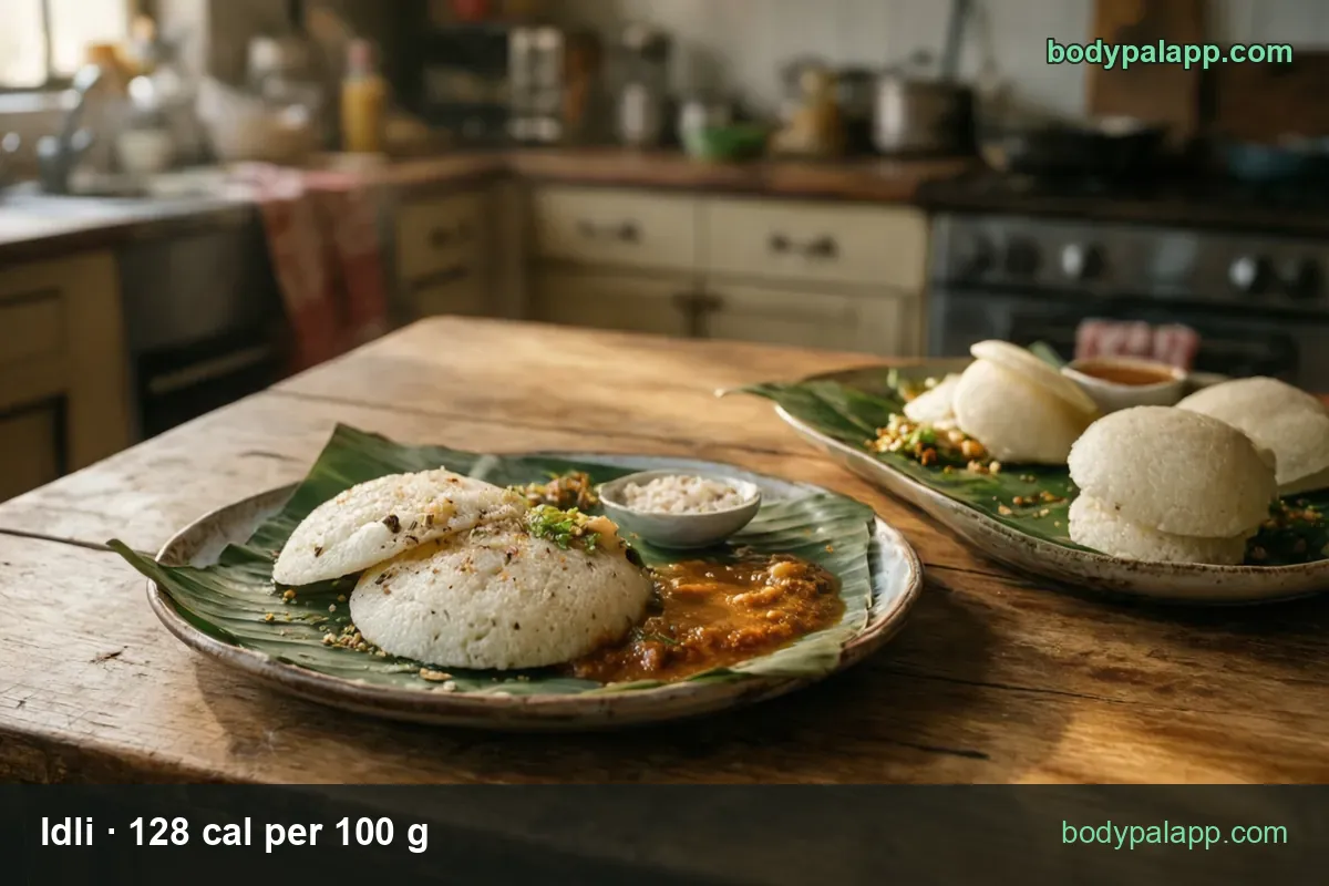 Two idli (76 g, 97 cal) with a spoon of sambar and a bowl of chutney on a banana leaf, a second plate of three idli behind