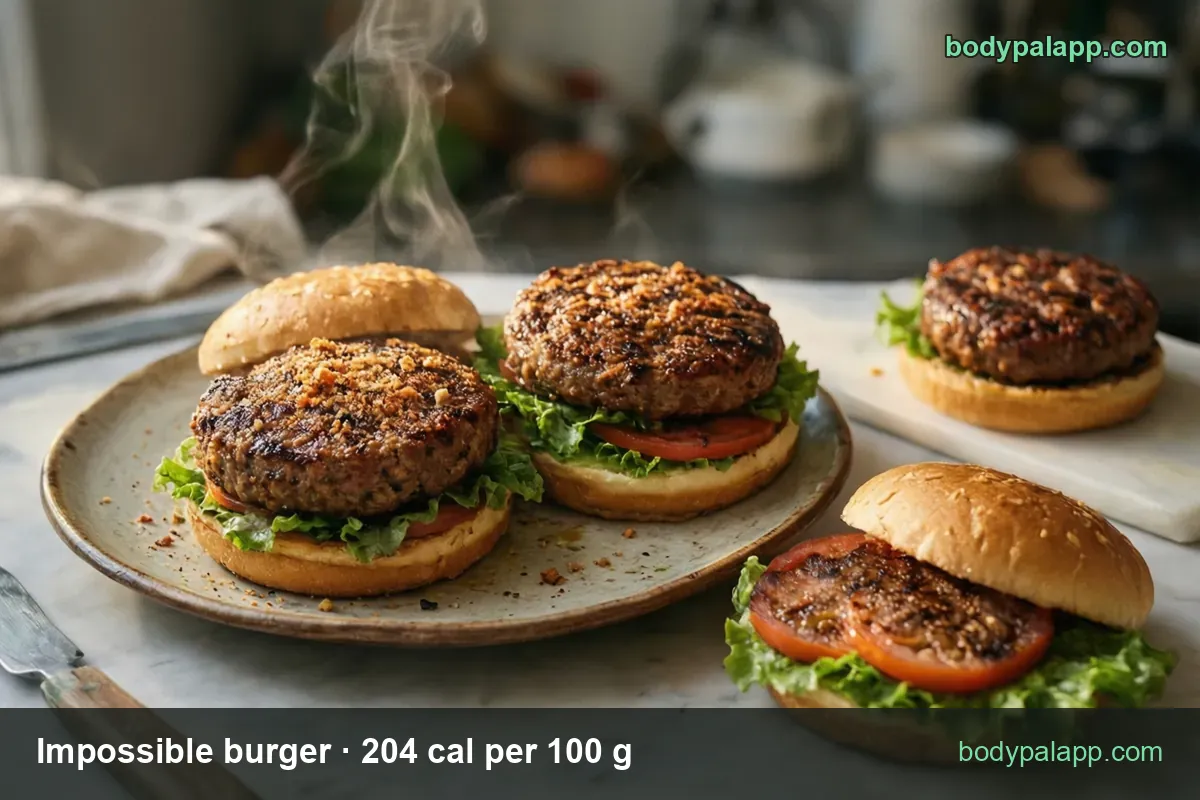 Plate with two open Impossible burgers - patty, lettuce, tomato, bottom bun; chips: 1 patty (113 g) 230 cal and 2 patties (226 g) 461 cal
