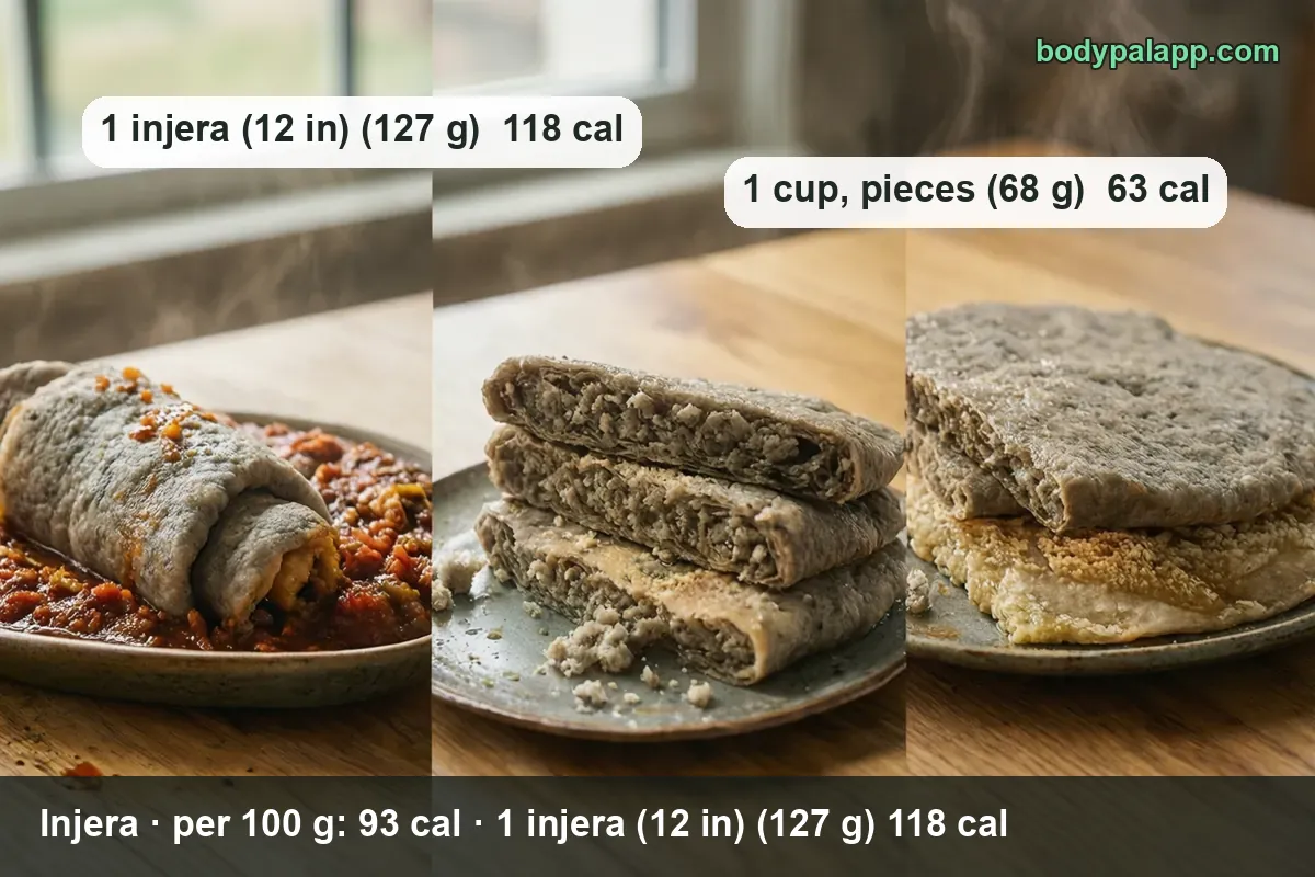 Injera roll on red meat stew, a stack of three folded pieces and two layered sheets, with 127 g and 68 g serving chips