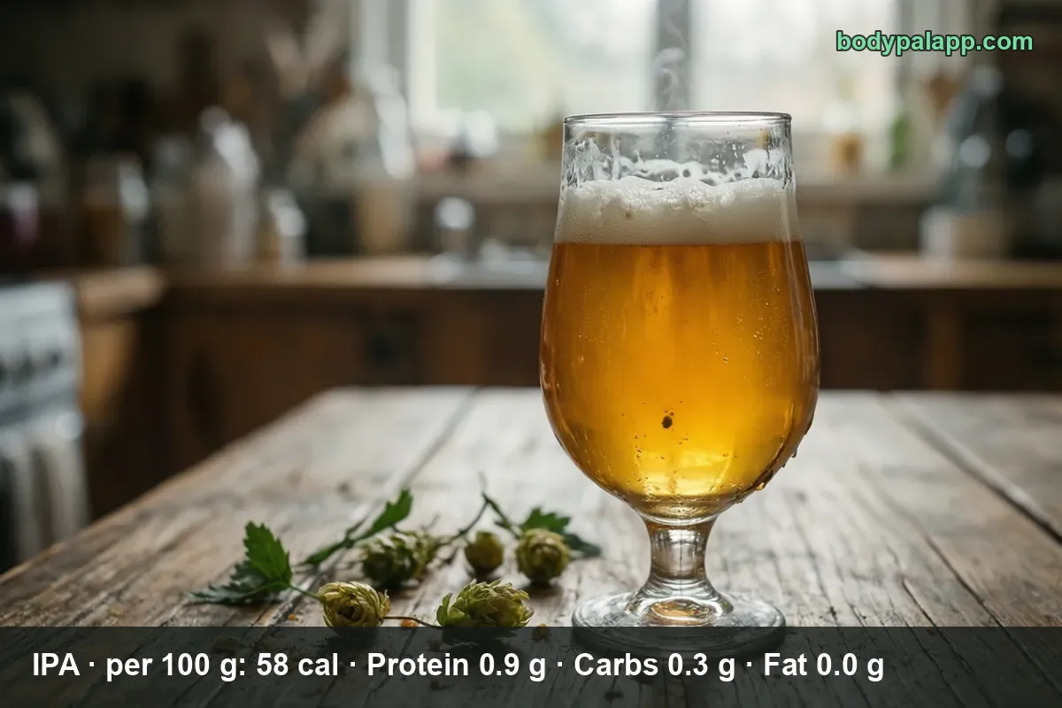 Tulip glass of golden IPA beer with a foam head beside fresh hop cones and hop leaves