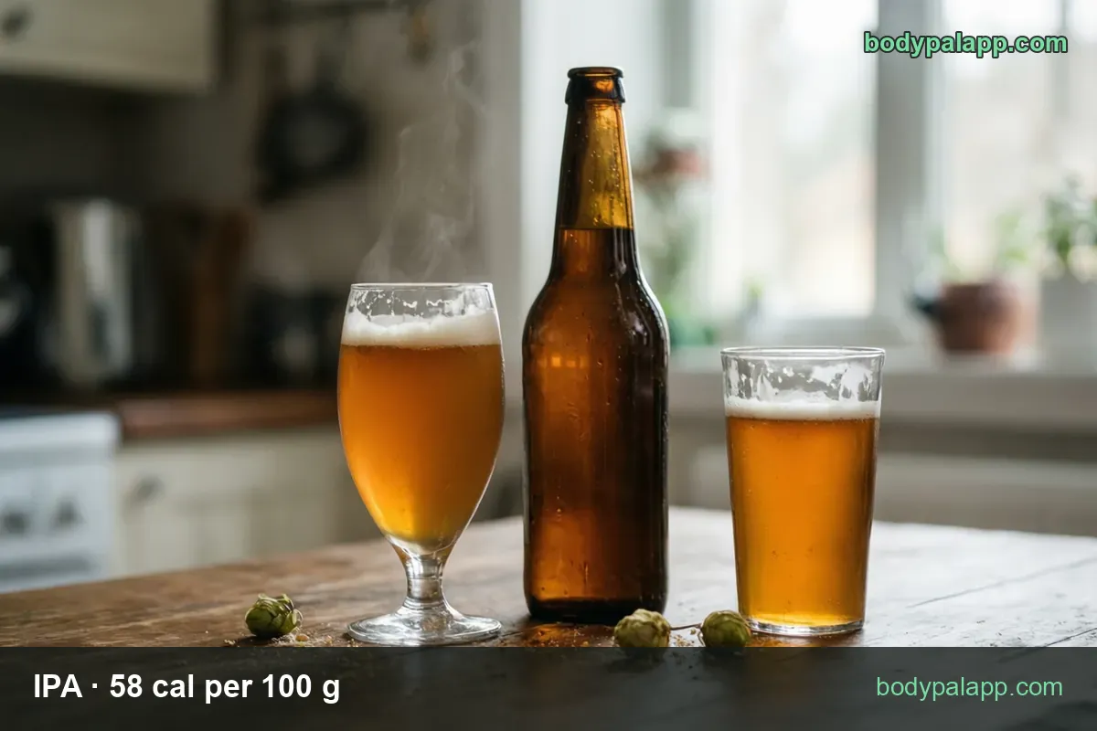 Tulip glass of IPA with foam, unlabeled brown bottle, pint glass and hop cones; 12 fl oz 209 cal and 16 fl oz 278 cal