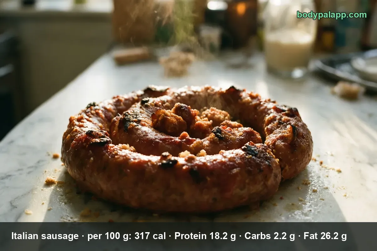 Cooked Italian sausage links, one bun-size link of 75 g with 238 calories