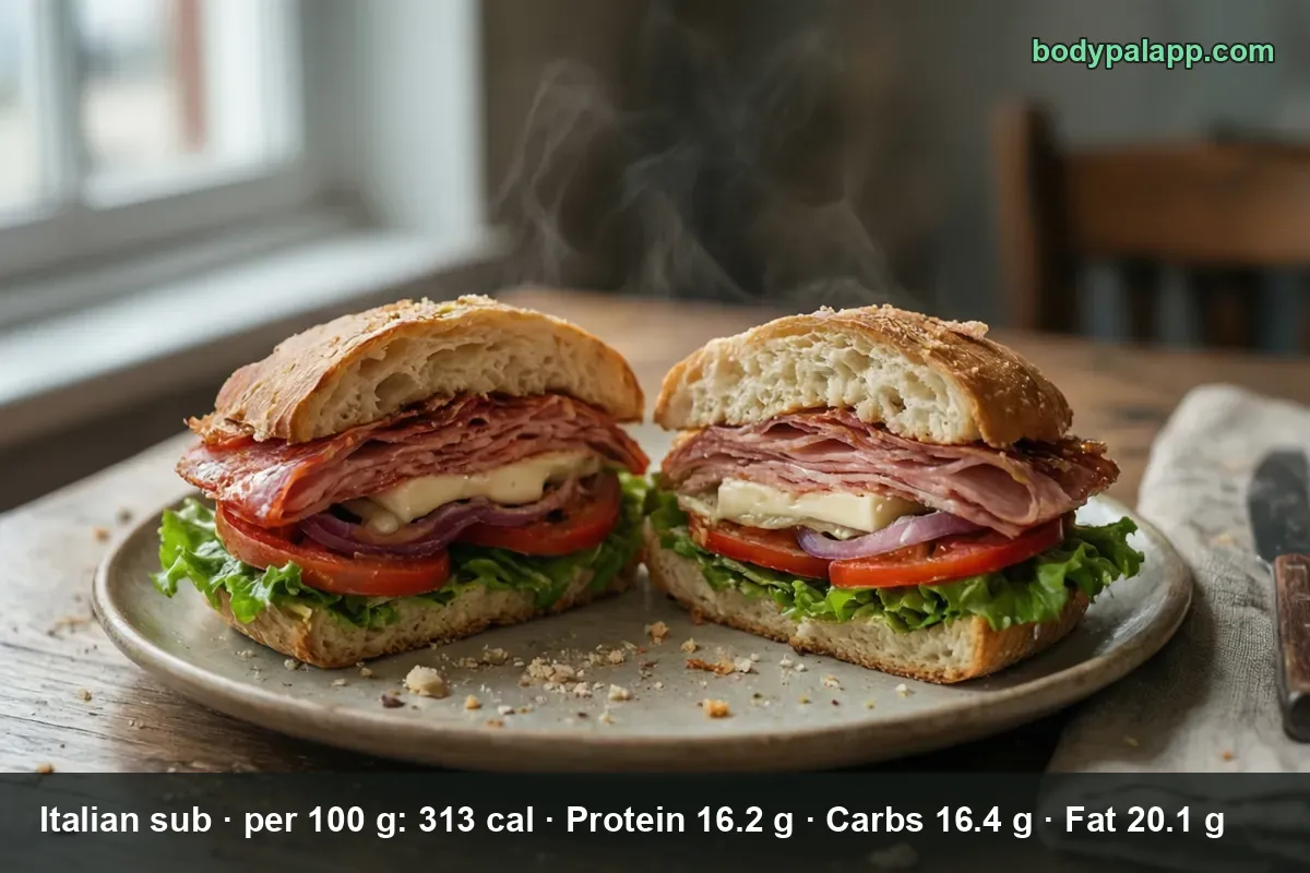 One Italian sub cut into two halves on a plate