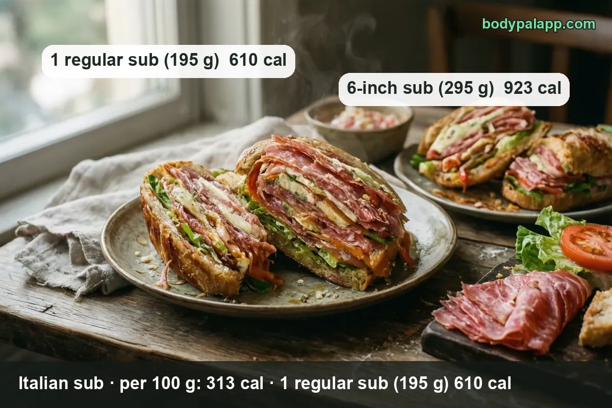 Italian sub halves on two plates with a bowl of chopped vegetables and rolled salami; 1 regular sub (195 g) 610 cal, 6-inch sub (295 g) 923 cal