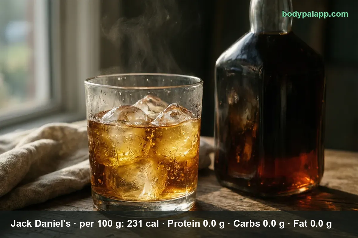 Rocks glass of Jack Daniel's whiskey over ice next to a dark square unlabeled bottle