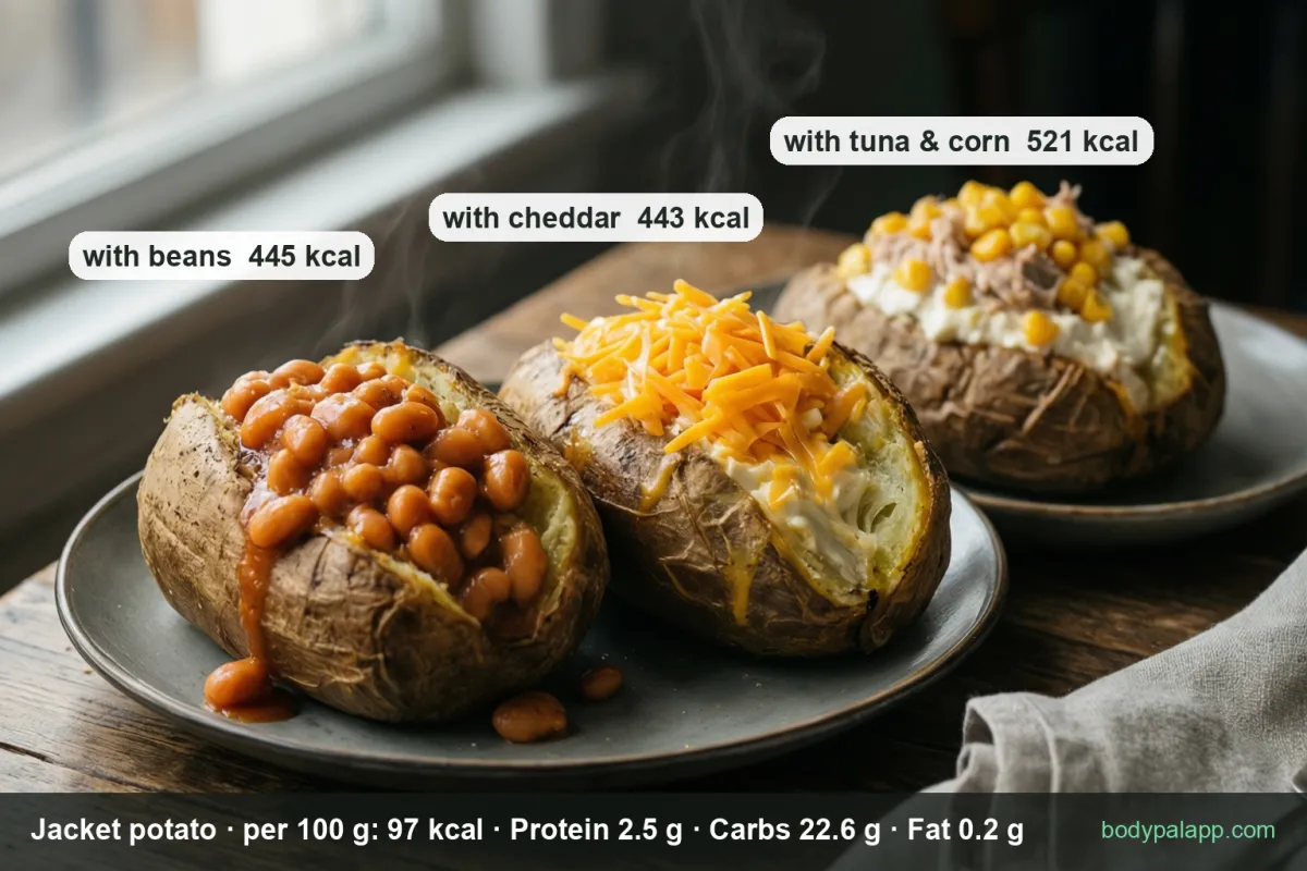 Jacket potato with beans 445 kcal, cheddar 443 kcal and tuna 521 kcal, with per 100 g macros