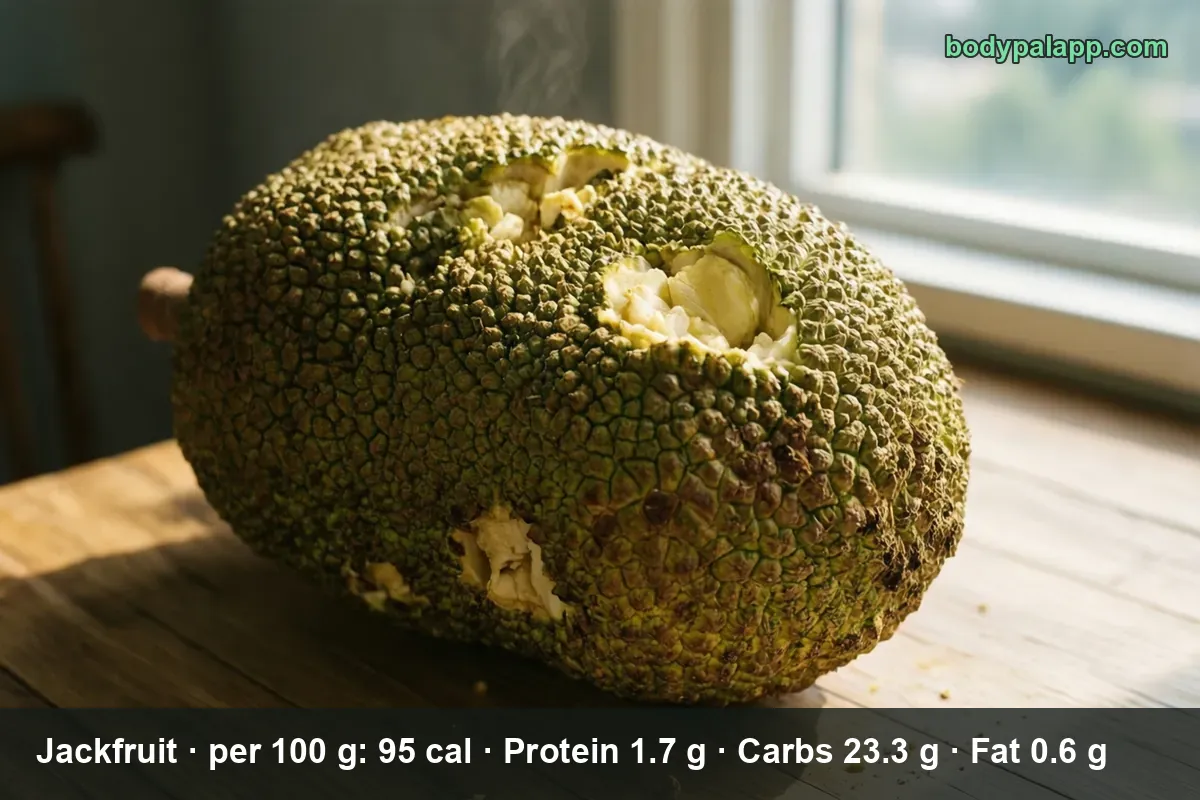 Whole green jackfruit with three cut openings in the rind showing the pale flesh inside