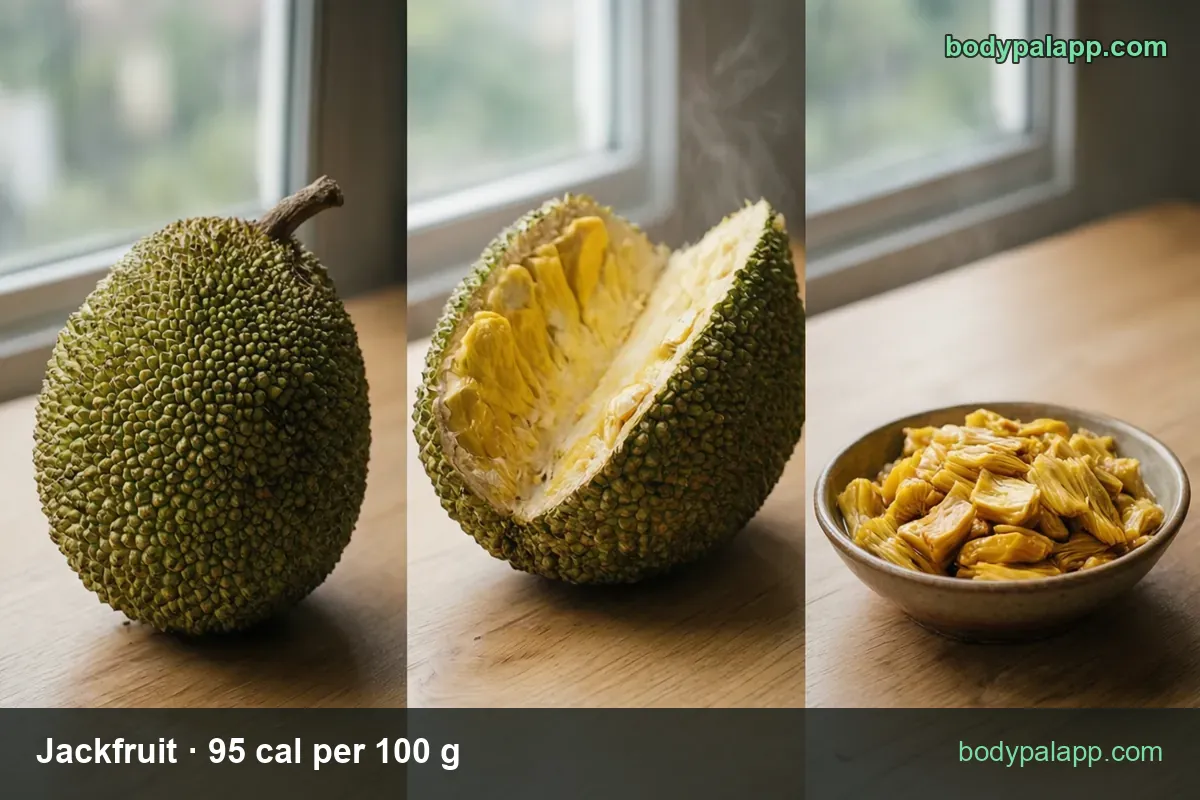Three panels: whole jackfruit, halved fruit with yellow bulbs, bowl of peeled bulbs; 1 cup sliced 165 g 157 cal, 1 cup pieces 151 g 143 cal