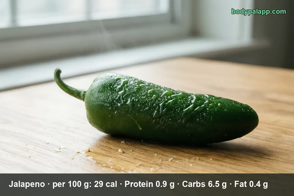 One whole fresh green jalapeno pepper with water droplets, on a wooden table.