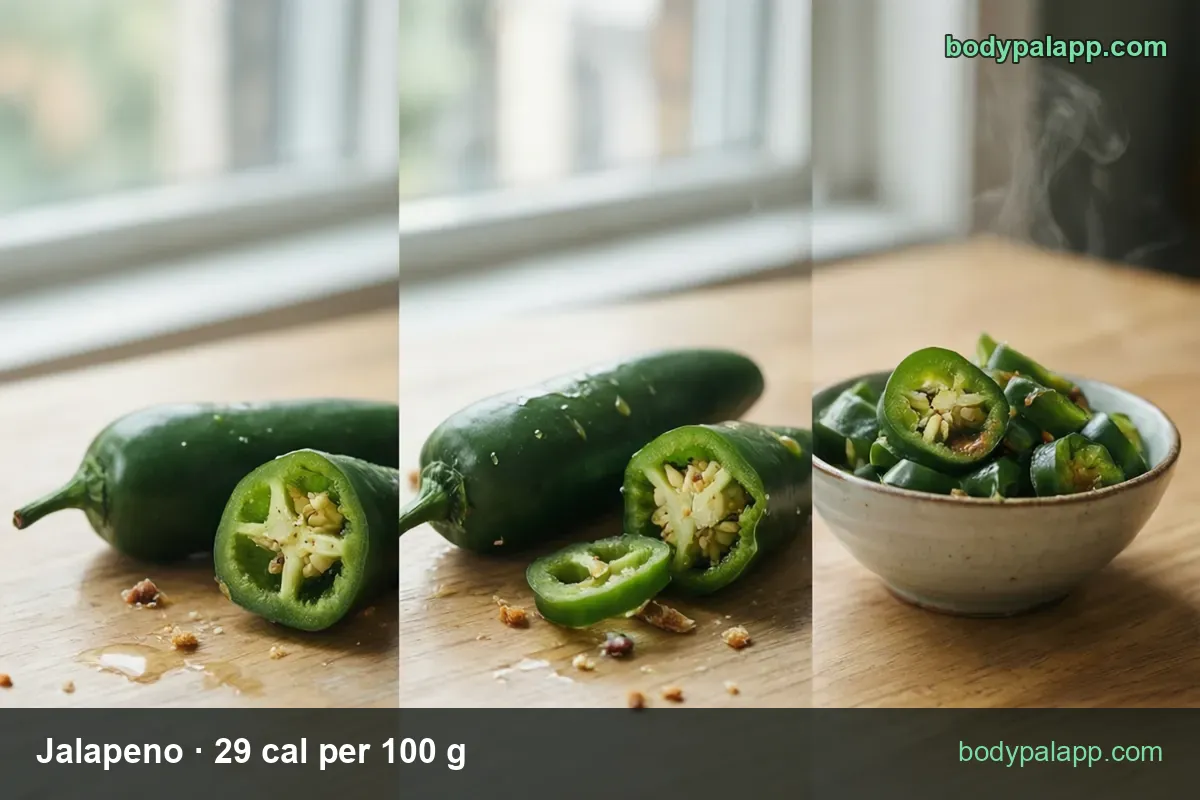 Whole jalapeno, a halved pepper with seeds and a bowl of sliced rings; 1 pepper (14 g) 4 cal, 1 cup sliced (90 g) 26 cal.