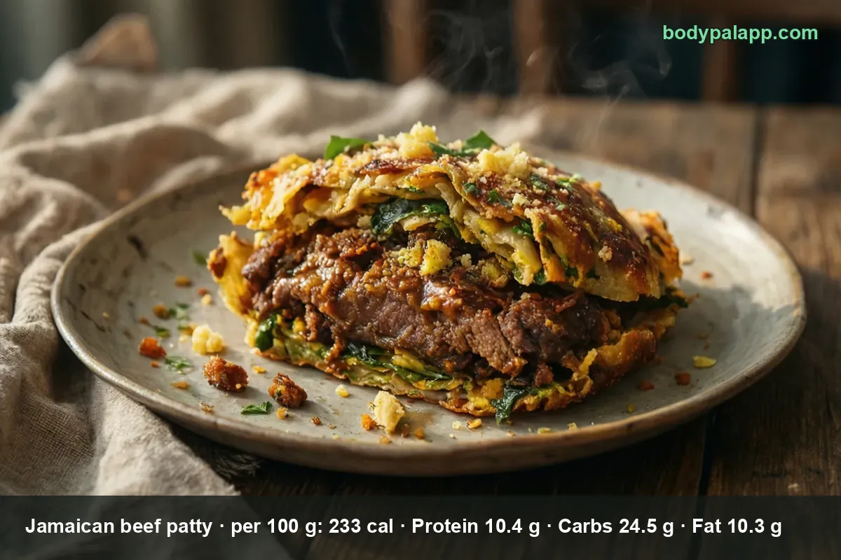Jamaican beef patty with flaky golden crust, ground beef filling and greens, served on a plate