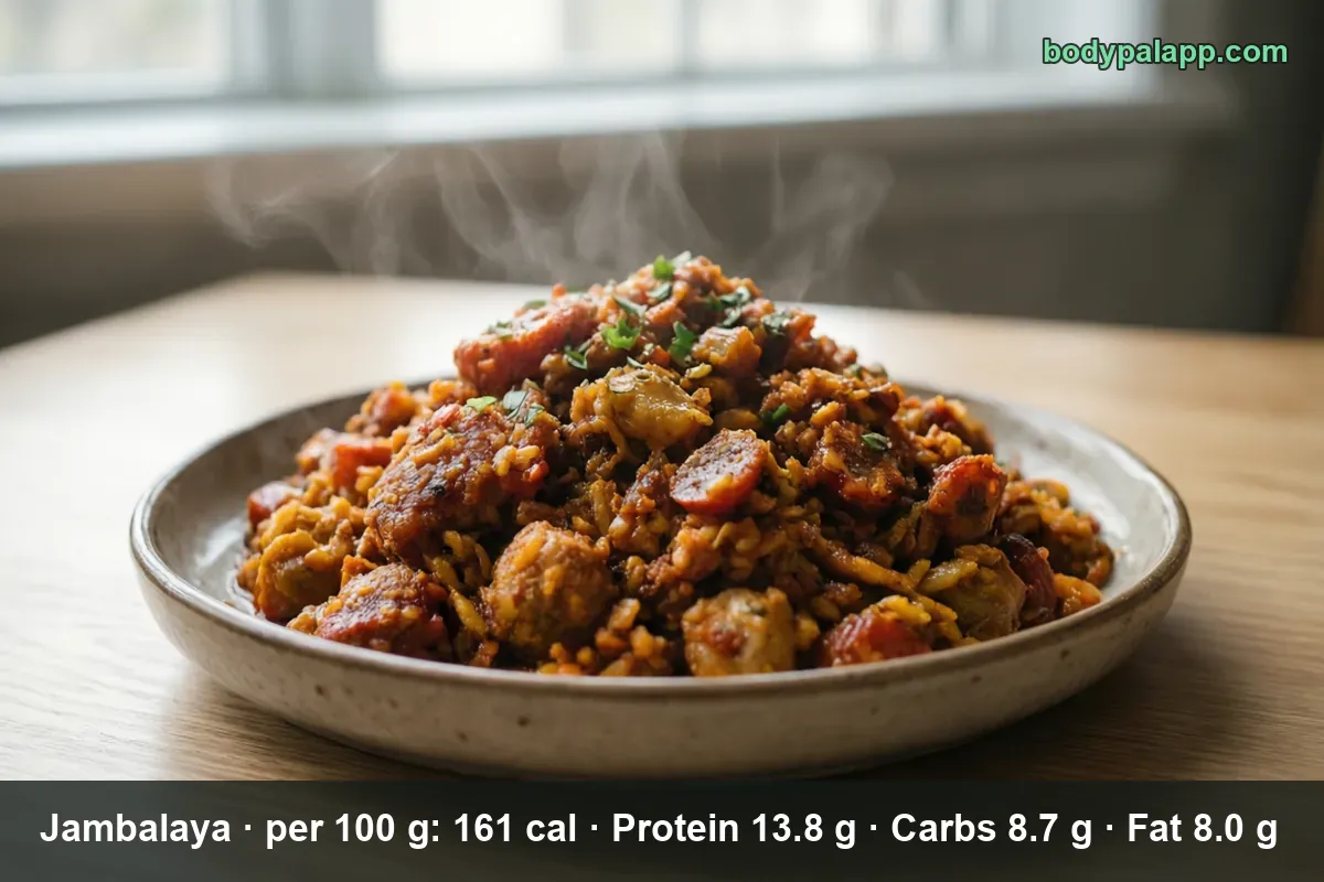 Mound of jambalaya with sausage and chicken in a ceramic bowl, steam rising.