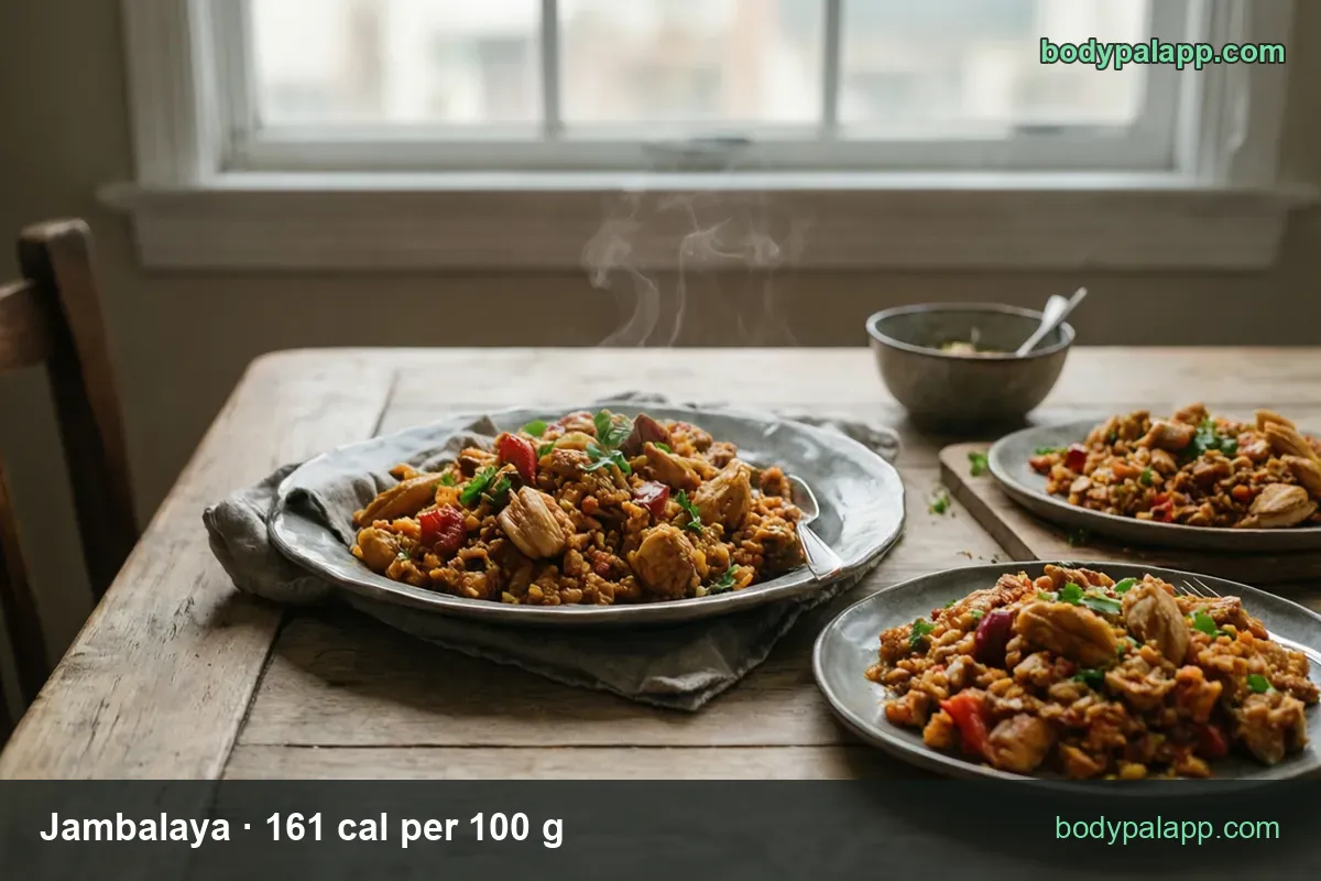 Platter of jambalaya with chicken, sausage and pepper, two plated servings labeled 1 cup (244 g) 393 cal and 1/2 cup (122 g) 196 cal.