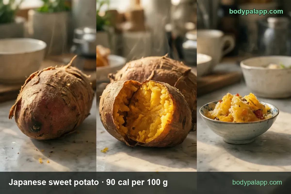 Three panels: raw purple-skinned sweet potato, baked one broken open, bowl of yellow mash; chips 1 medium 114 g 103 cal and 1 cup 200 g 180 cal