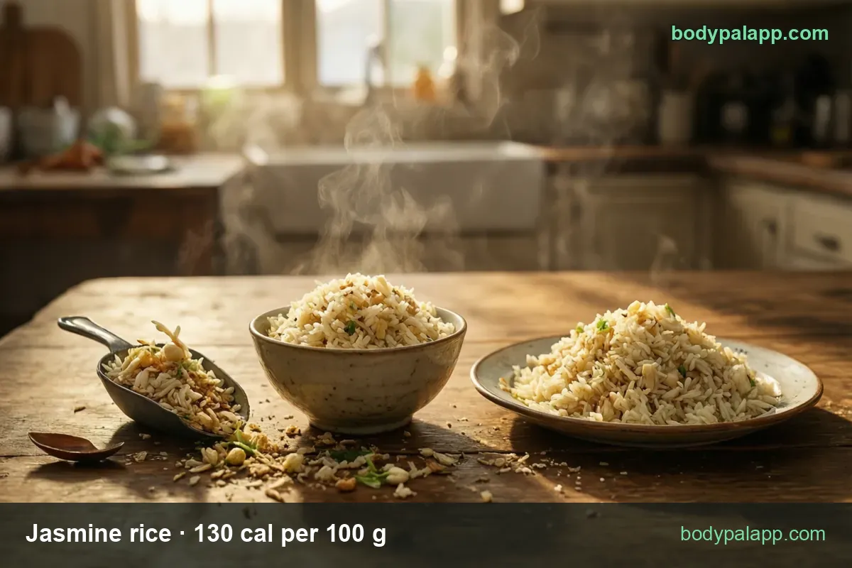 Bowl of steaming cooked jasmine rice with a metal scoop and green onion; 1 cup (158 g) 205 cal, 1/2 cup (79 g) 103 cal.