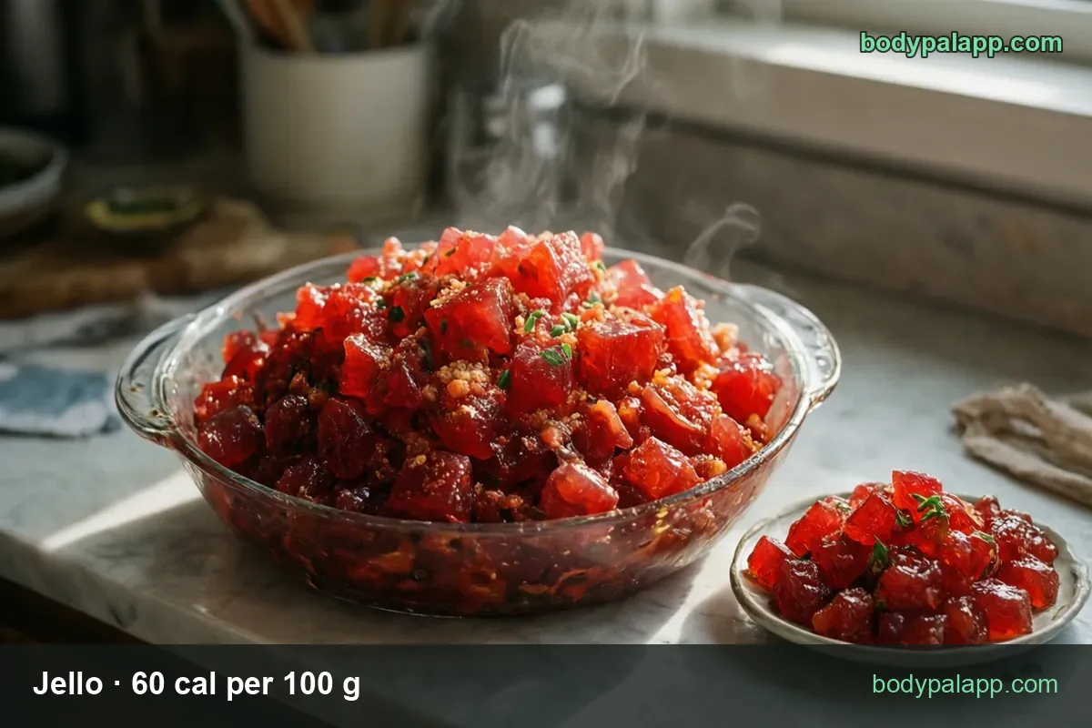 Glass bowl of red jello cubes with a small plate of cubes beside it, marked 1 cup (240 g) 144 cal and 1/2 cup (120 g) 72 cal