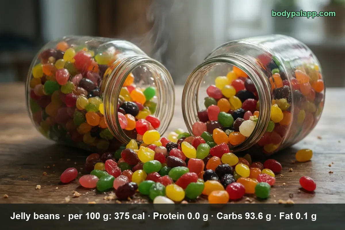 Two glass jars of colorful jelly beans tipped over and spilled across a wooden table.