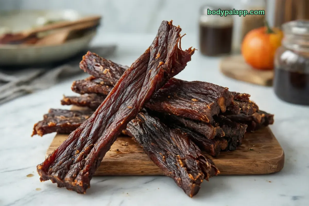 Beef jerky, beef, chopped and formed