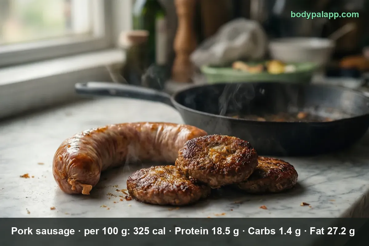 Three browned pork sausage patties and one raw pink sausage link beside a skillet