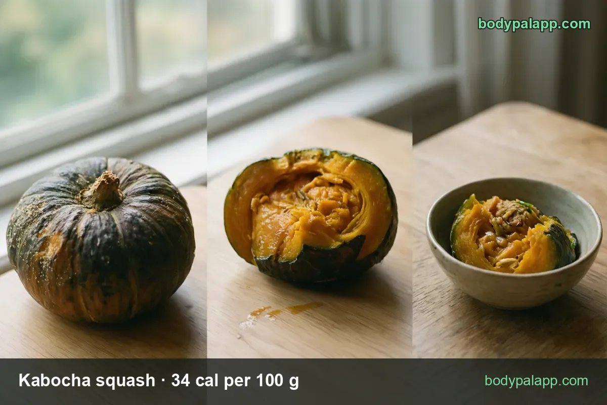 Green kabocha squash, a cooked half with orange flesh and a bowl of two cooked wedges, with 1 cup cubes (116 g) 39 cal and 1/2 cup (58 g) 20 cal