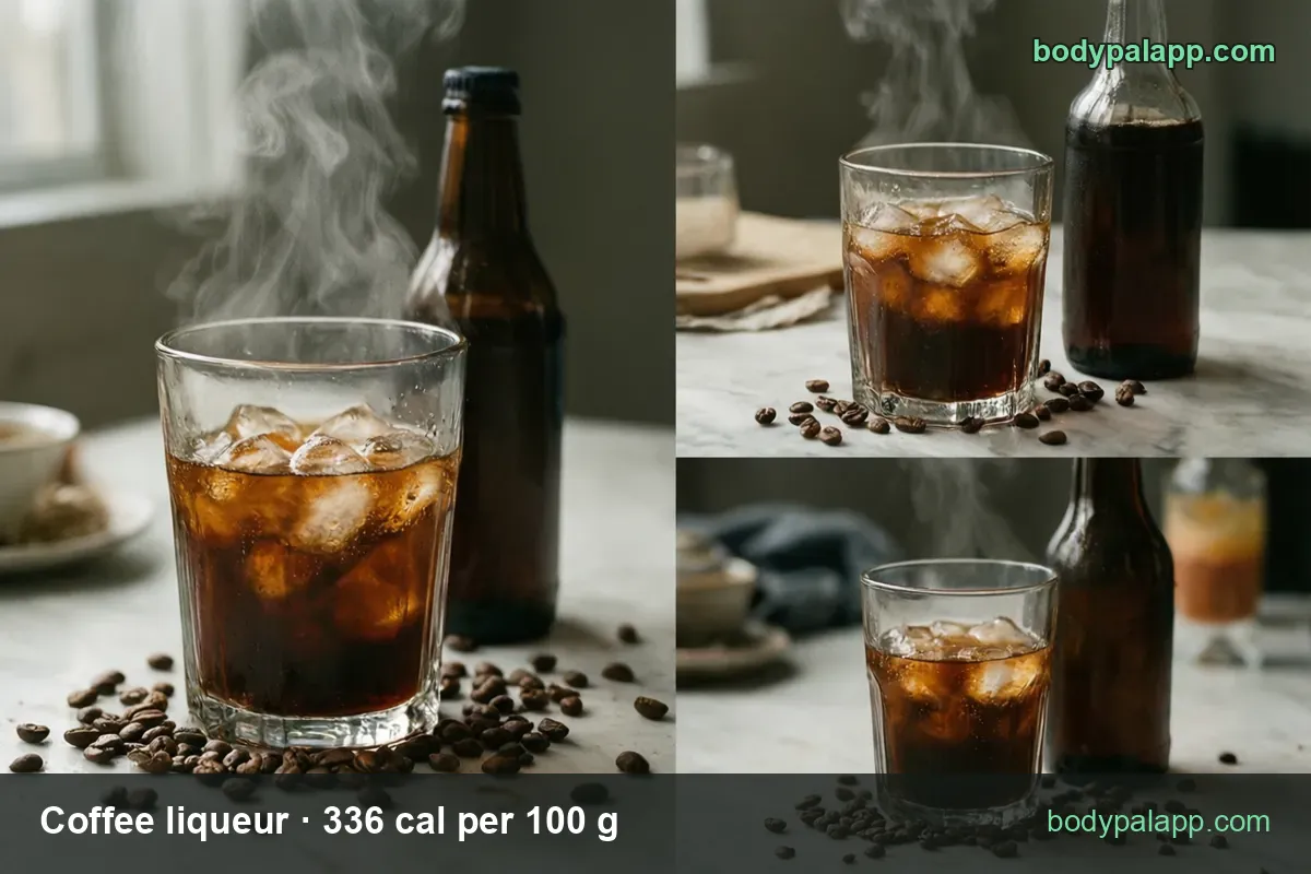 Coffee liqueur on ice, unlabeled bottle and coffee beans, labeled 1.5 fl oz shot (52 g) 175 cal and 1 fl oz (34.8 g) 117 cal.