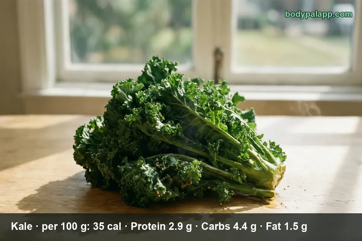 A single bunch of raw curly kale on a wooden cutting board