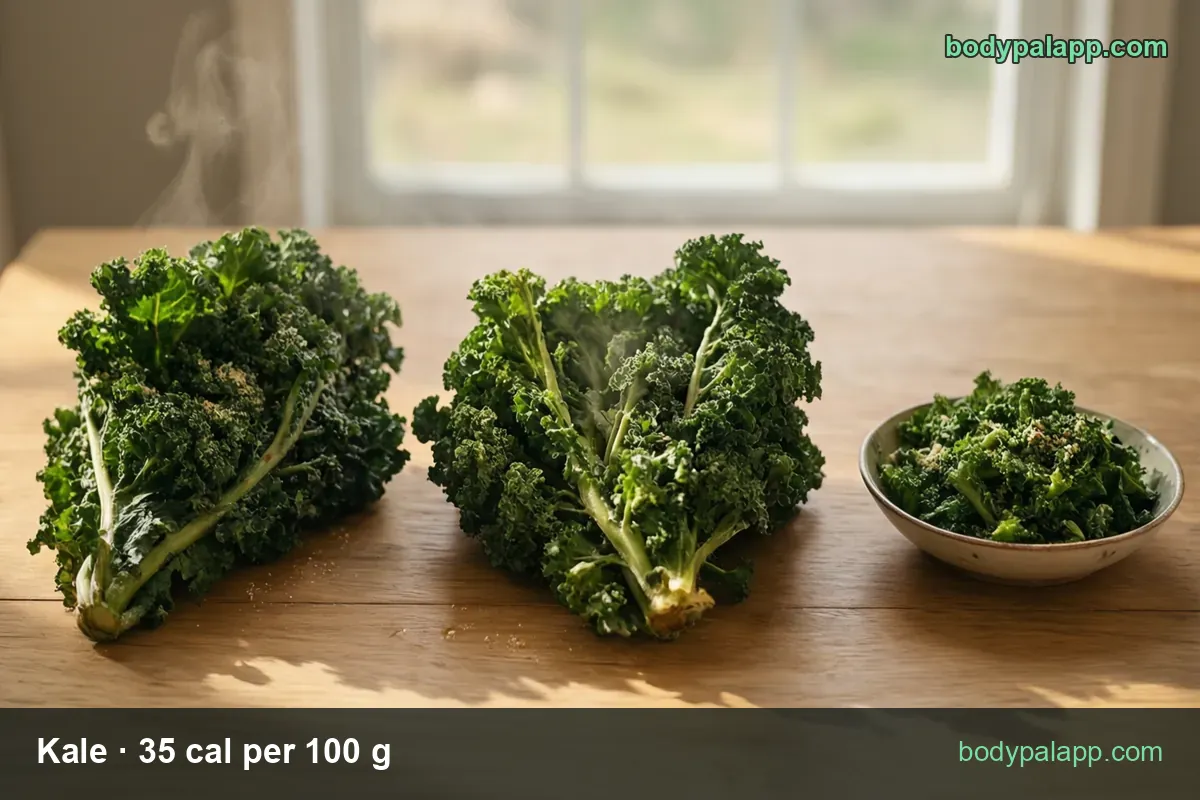 Two bunches of raw curly kale on a wooden table with a small bowl of sauteed kale; 1 cup chopped (21 g) 7 cal and 1 oz (28 g) 10 cal