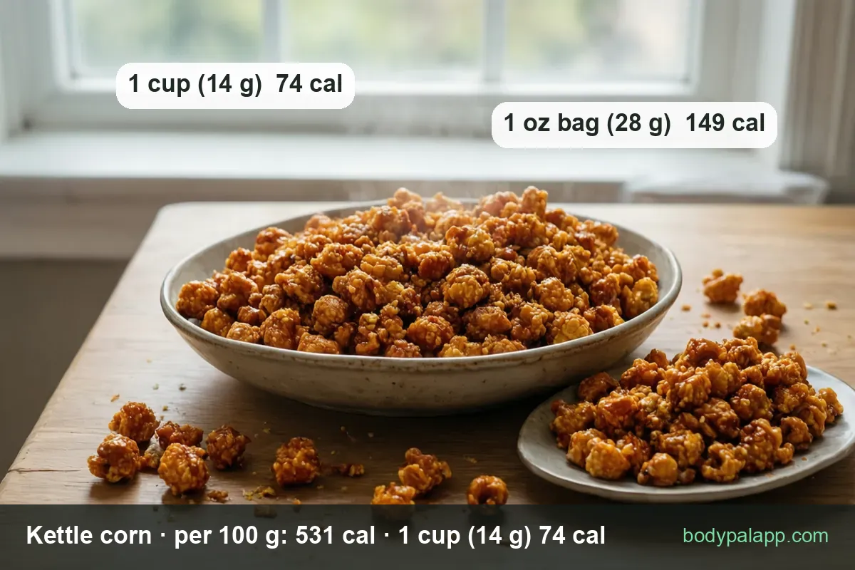 Big bowl of kettle corn, a second helping on a small plate and kernels on the table; 1 cup 14 g 74 cal, 1 oz bag 28 g 149 cal