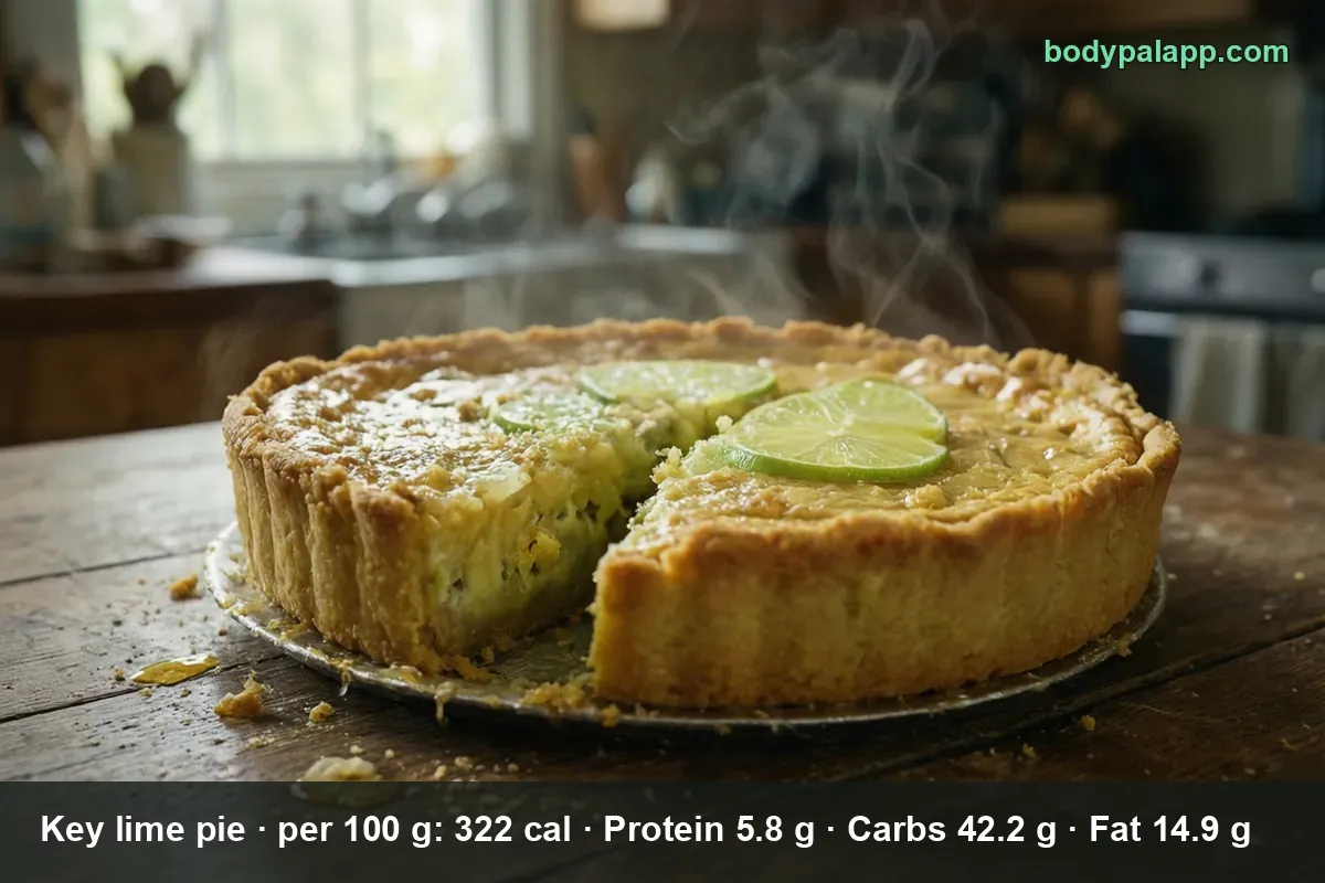 Whole key lime pie with one slice cut out, garnished with two lime wedges, green filling, no whipped cream or meringue.