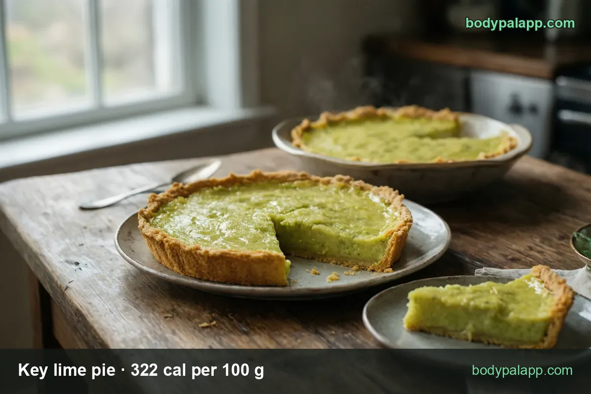 Key lime pie with a slice cut out plus a slice on a small plate, chips reading 1 slice (150 g) 483 cal and 1 pie (1600 g) 5152 cal.