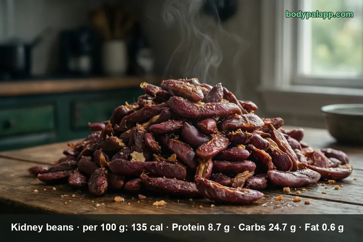 Pile of large glossy dark red kidney beans on a wooden table, shown close up