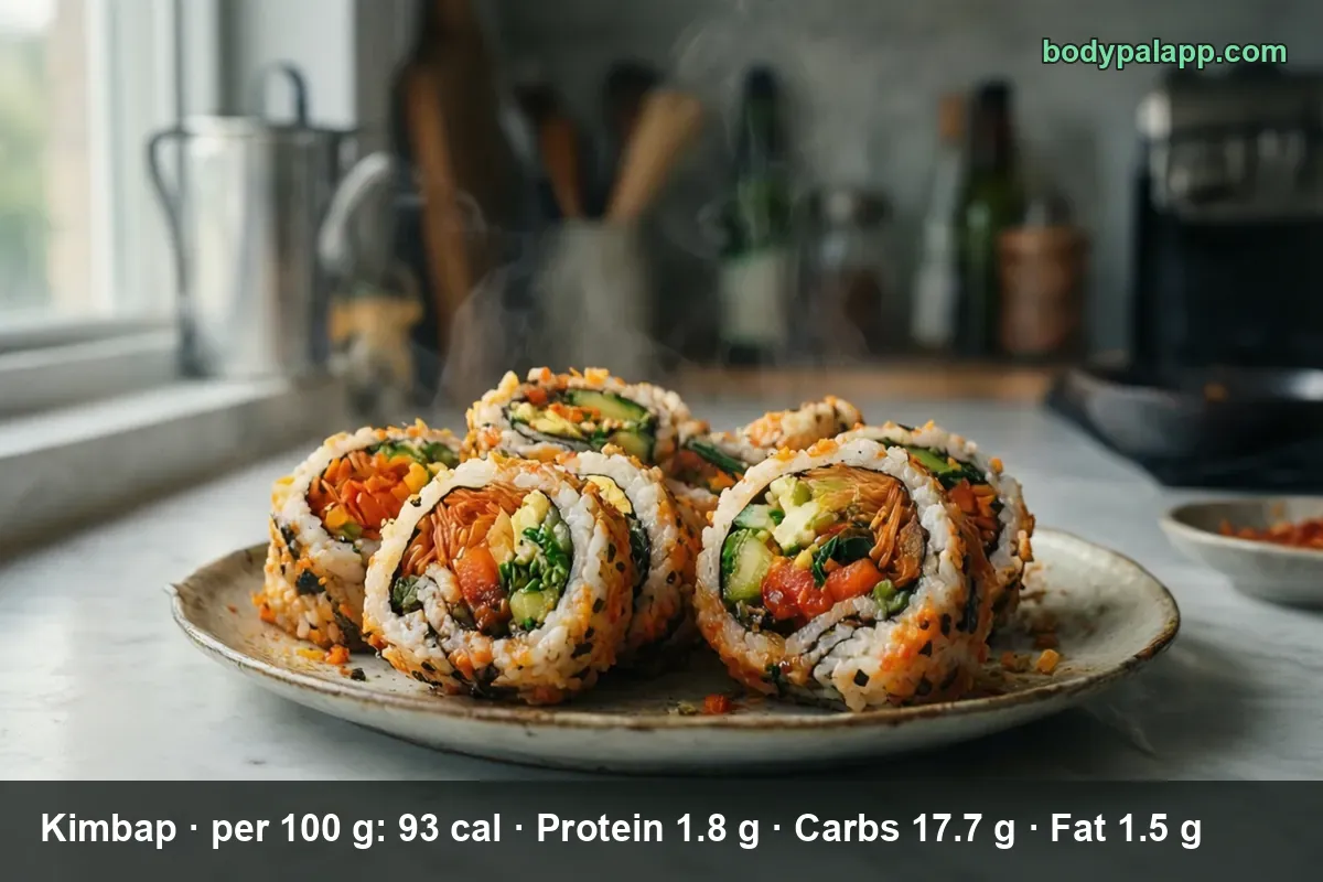 Four thick nude-style kimbap rolls with rice outside and seaweed inside, filled with egg, avocado, cucumber and carrot.