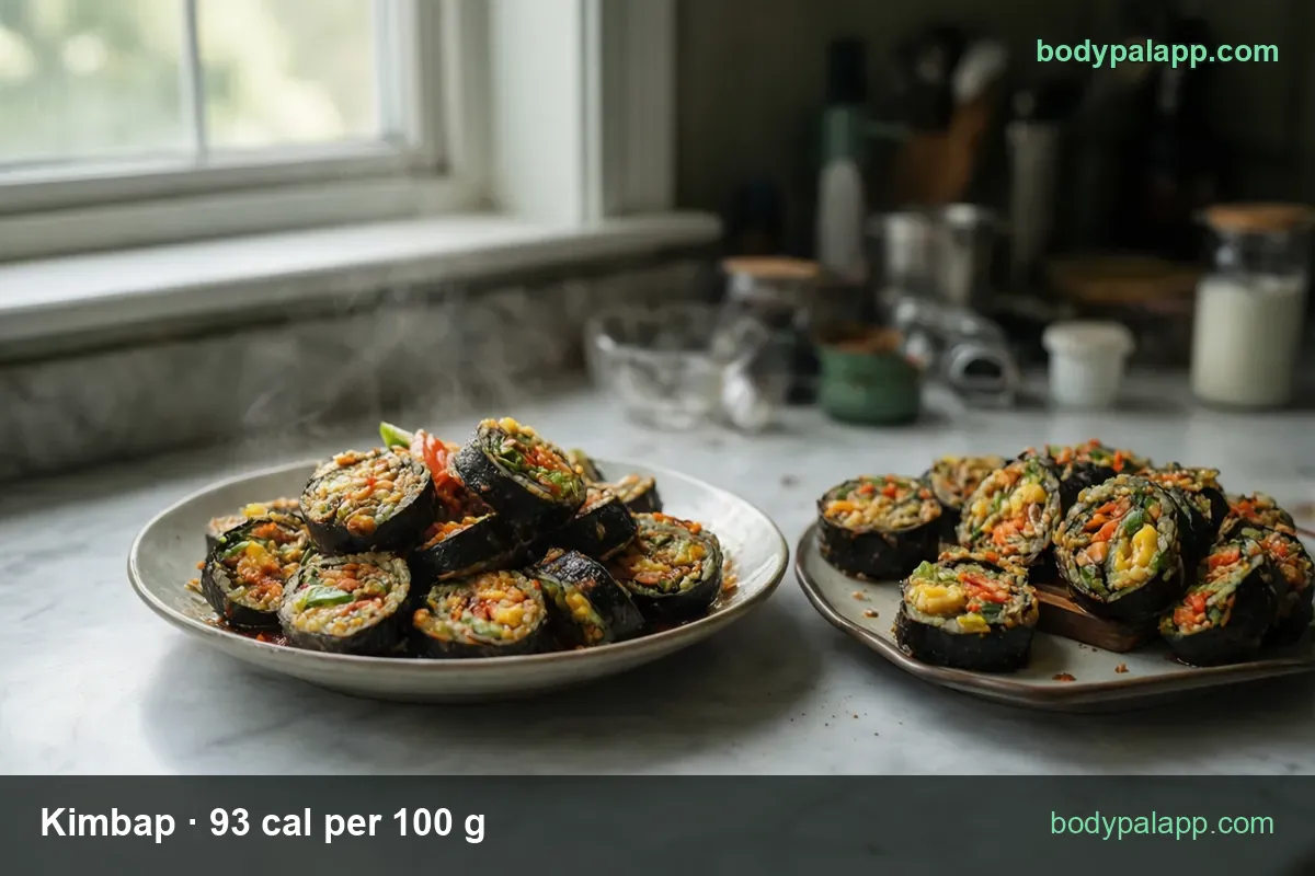 Plate of nine kimbap rounds with rice, egg, carrot, spinach and pickles; chips read 1 roll 164 cal and 1 piece 20 cal.