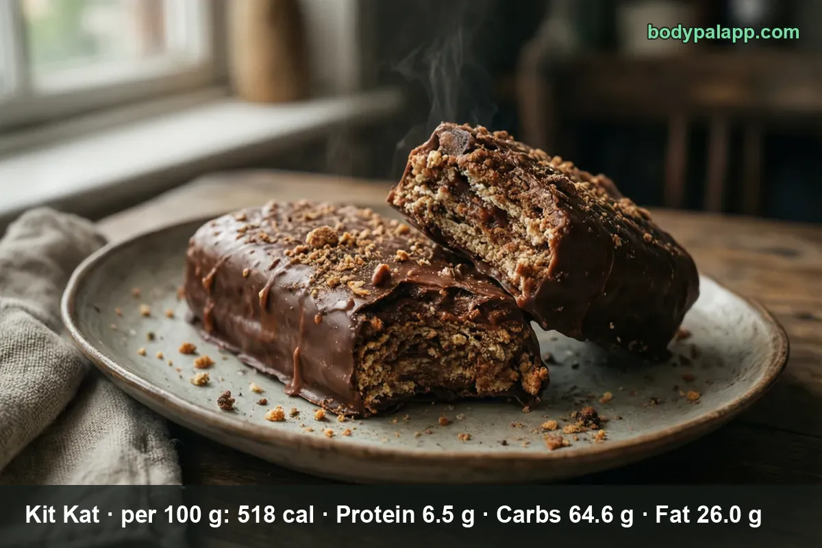 Close-up of a Kit Kat bar broken into two pieces on a plate, showing the crumbly biscuit wafer filling inside.