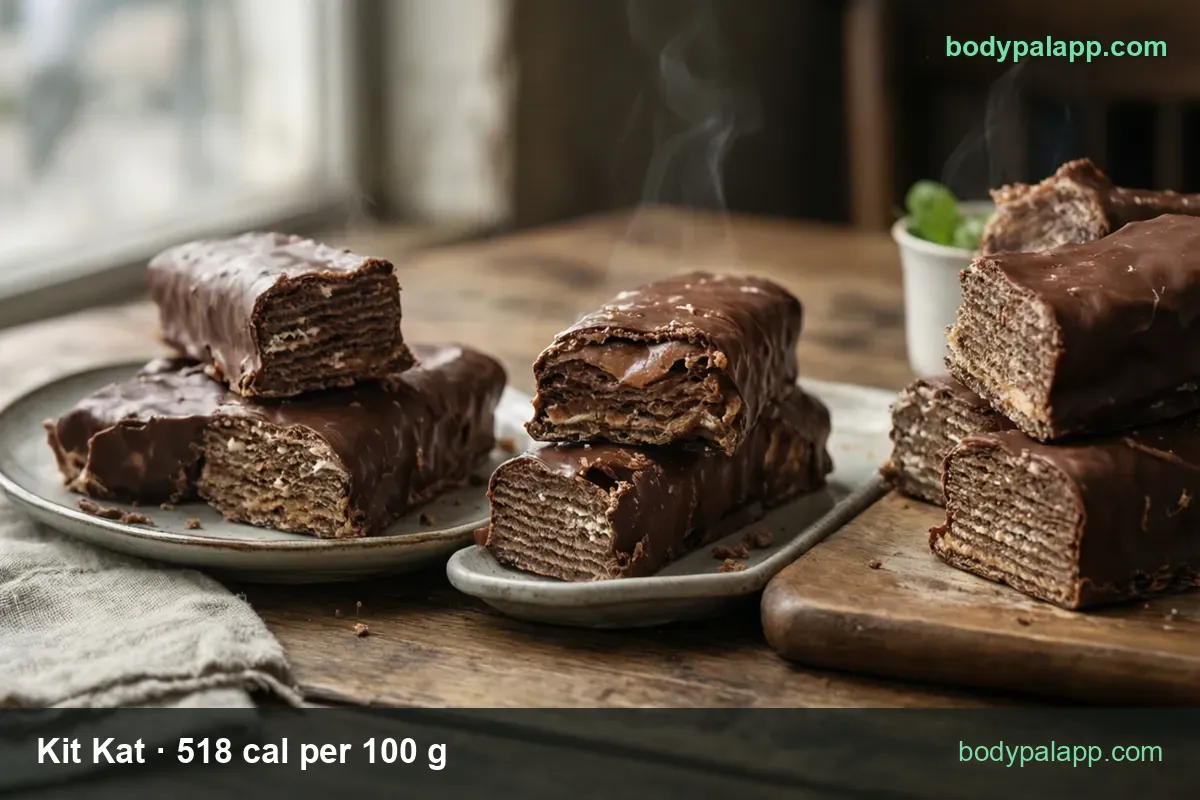 Five Kit Kat bars with cut ends showing wafer layers on a plate and wooden board; chips read 1 bar 42 g 218 cal and 1 miniature 10 g 52 cal.