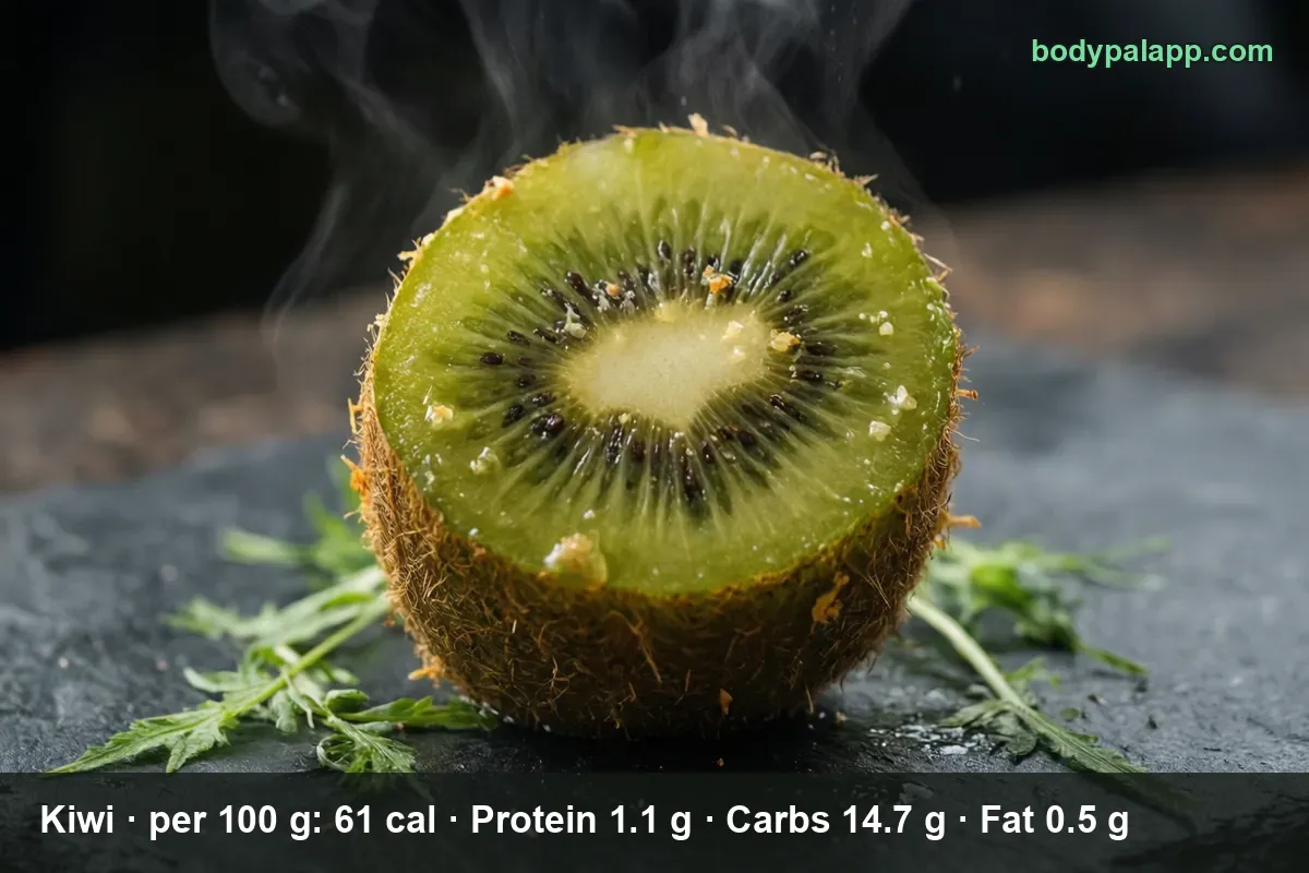 Halved kiwi showing green flesh and black seeds next to a whole kiwi with brown fuzzy skin