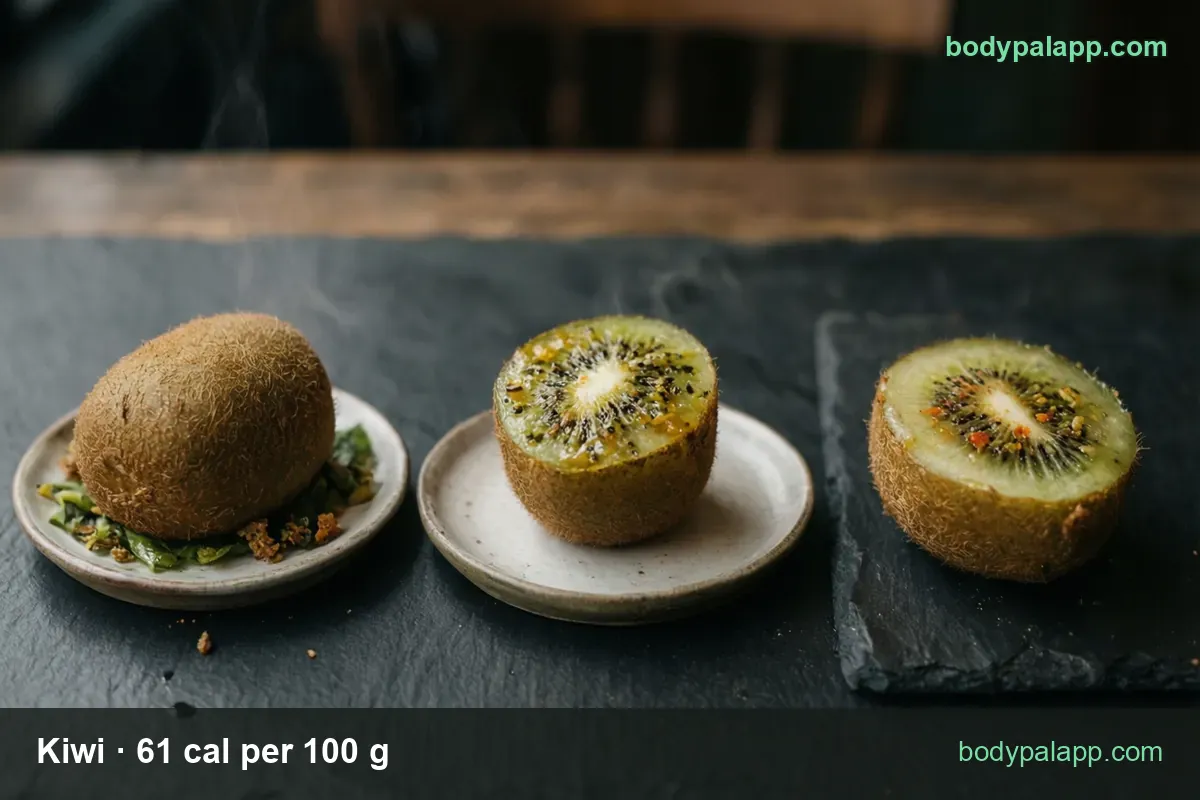 Halved kiwi beside a whole kiwi, labeled 1 medium kiwi 69 g 42 cal and 1 cup sliced 180 g 110 cal