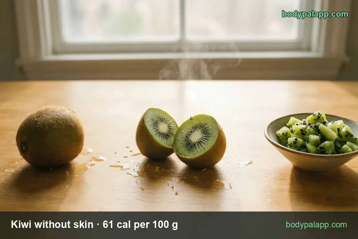Whole kiwi, two halves with green flesh and a bowl of peeled kiwi cubes on a wood table; 1 medium kiwi 69 g 42 cal, 1 cup 180 g 110 cal