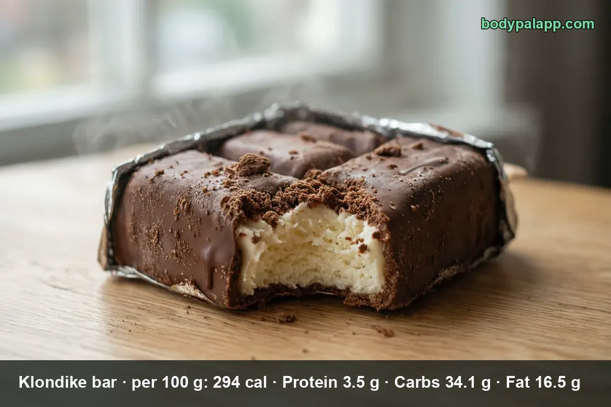 Klondike bar in open silver foil with a bite taken, showing vanilla ice cream under the chocolate coating