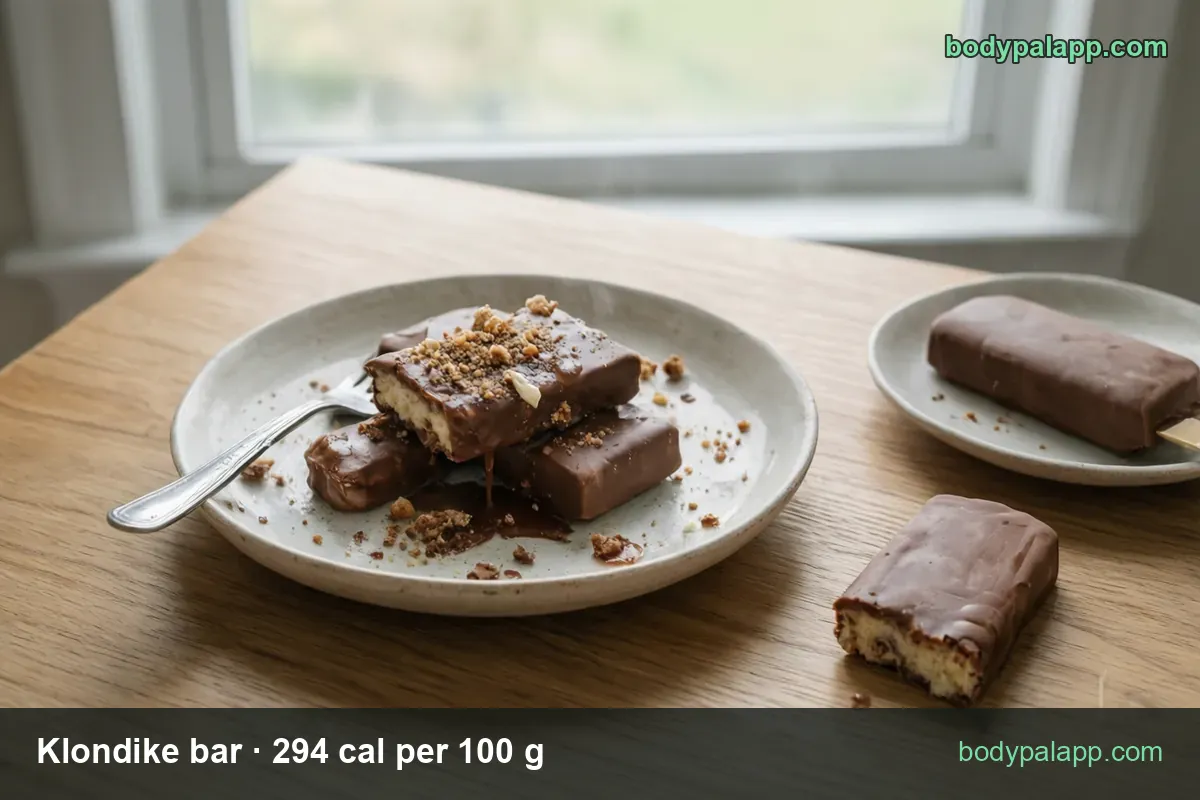 Plate of three square chocolate-coated Klondike bars, one bitten, with chips for 1 bar (85 g) 250 cal and 2 bars (170 g) 500 cal