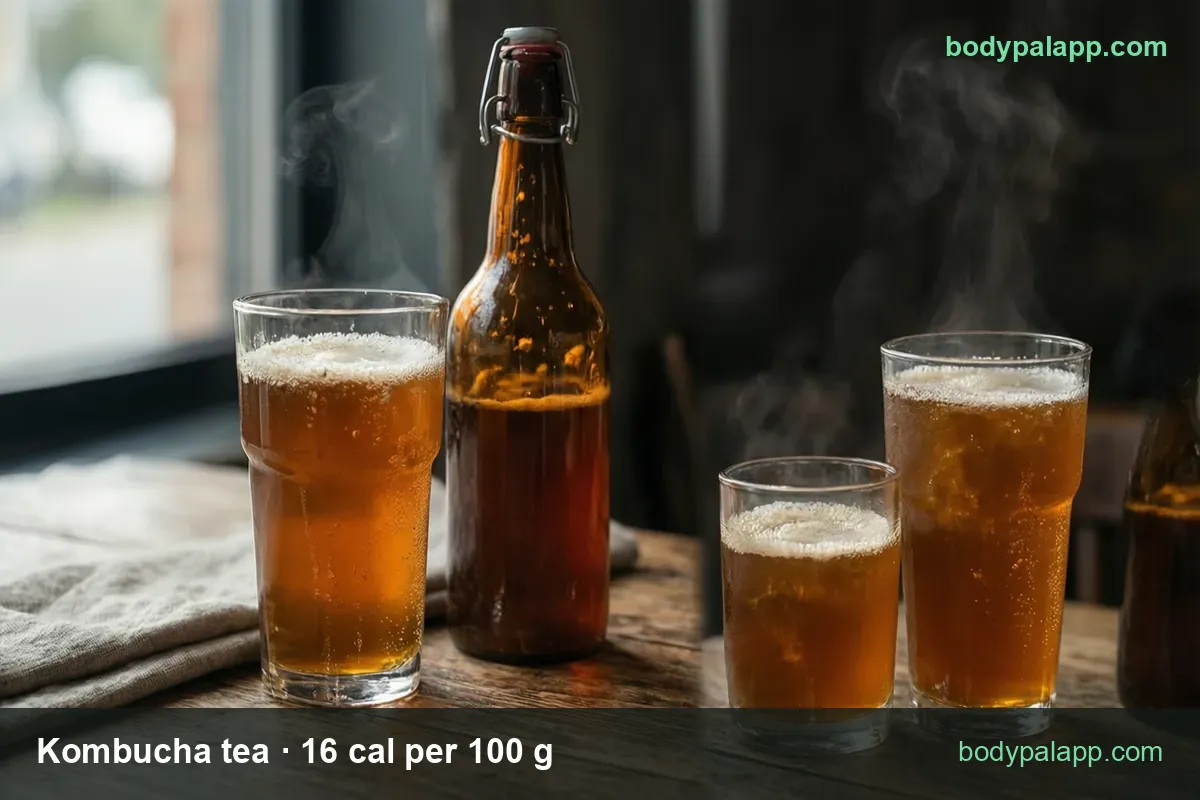Three glasses of amber kombucha and a brown swing-top bottle, with 1 glass (8 fl oz) 40 cal and 1 bottle (12 fl oz) 60 cal