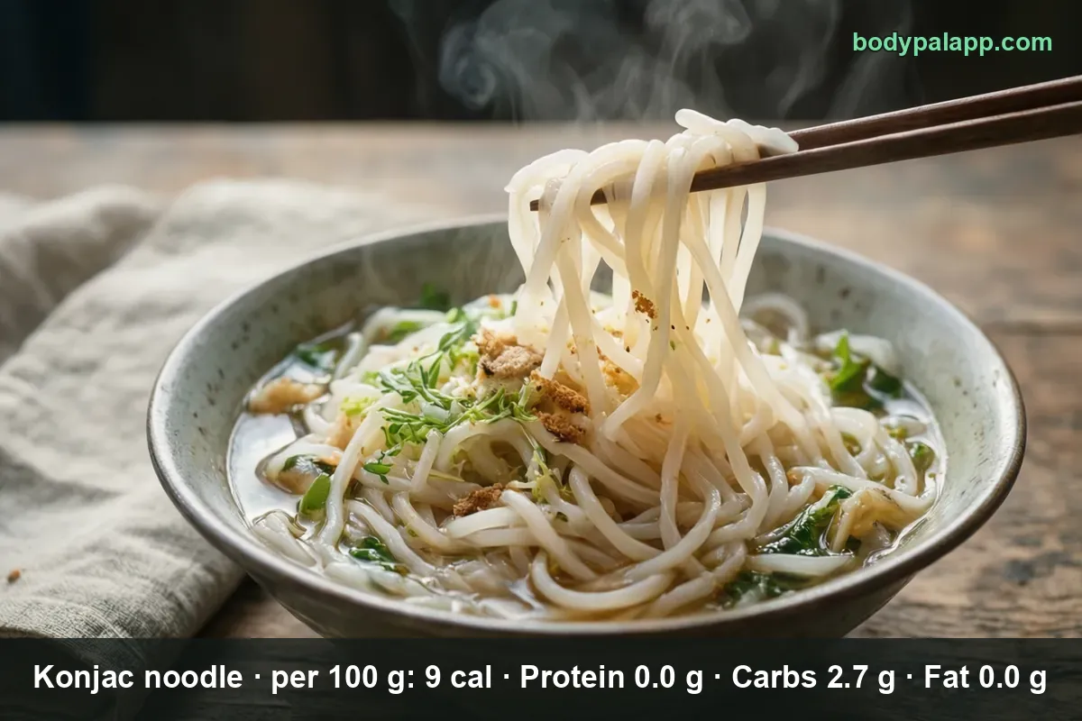 Bowl of konjac noodles in clear broth with greens, steaming, noodles lifted with chopsticks