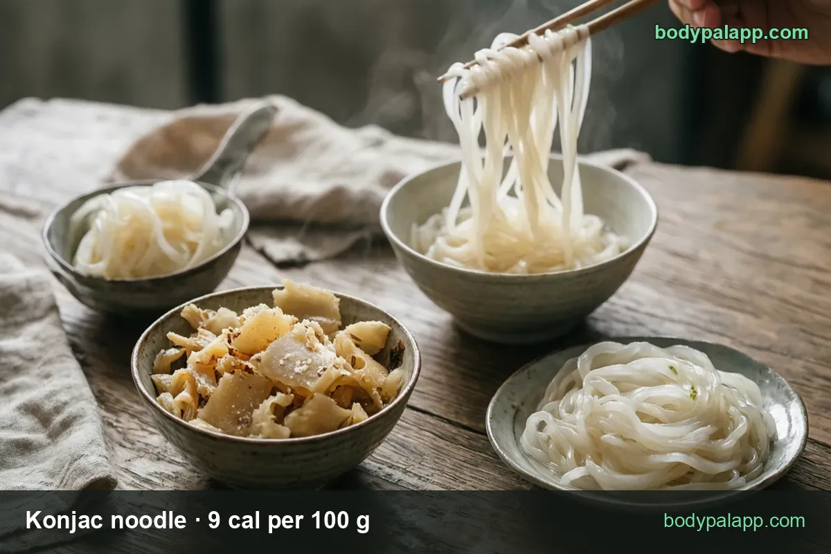 Four konjac noodle dishes on wood: bowl with chopsticks, small bowl, stir-fried strips, coiled noodles; 4 oz 10 cal, 1 bag 20 cal
