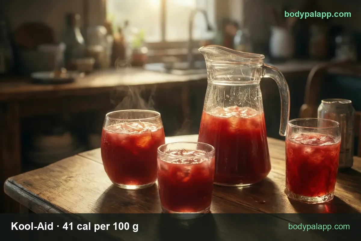 Pitcher of red Kool-Aid and three iced glasses on a wooden table, labeled 8 fl oz 102 cal and 12 fl oz 153 cal