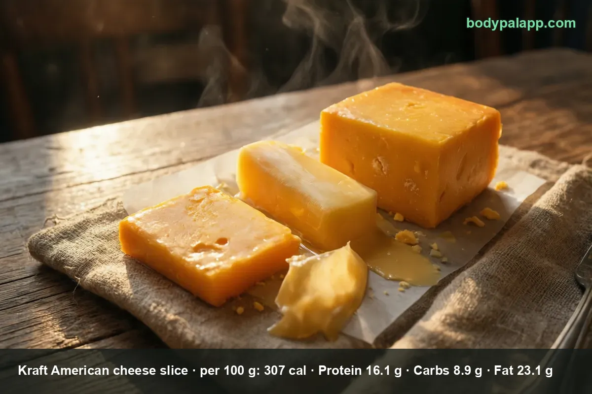 One square orange American cheese slice on paper next to a cheese block, a cheese stick and a melted piece