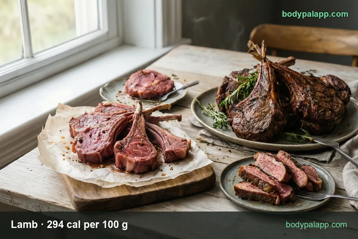 Raw lamb chops on a board, roasted chops with rosemary and sliced lamb, labeled 3 oz (85 g) 250 cal and 4 oz (113 g) 332 cal