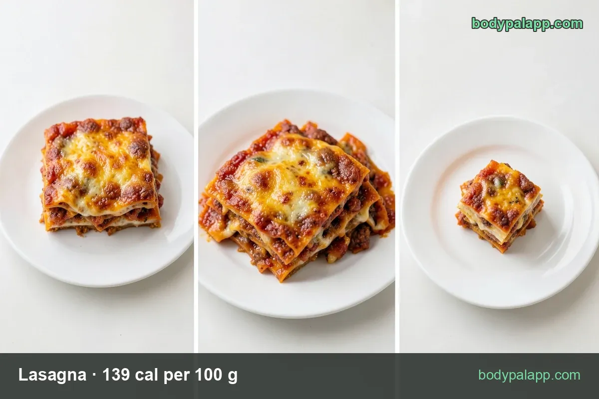 Lasagna serving sizes: 1 piece (206 g) 286 cal and 1 cup (250 g) 348 cal